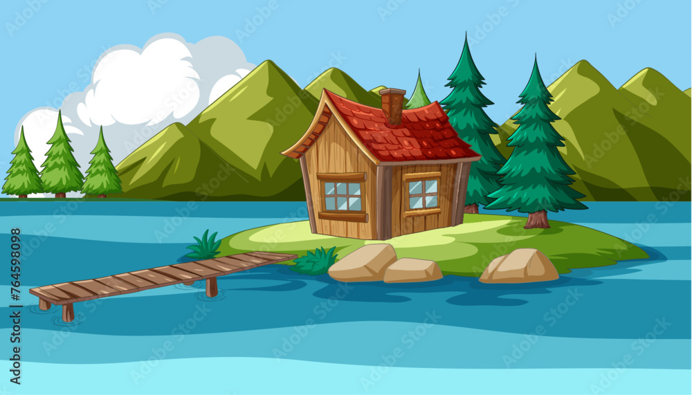Small wooden cabin on an island with a pier