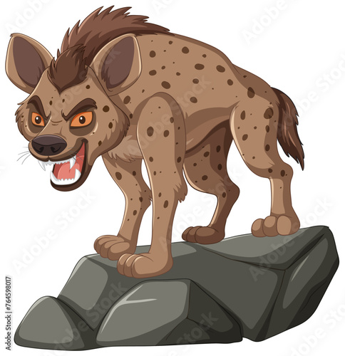 Angry spotted hyena standing on a stone