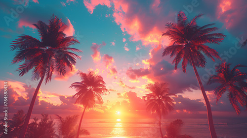 A beautiful sunset over the ocean with palm trees in the background © CtrlN