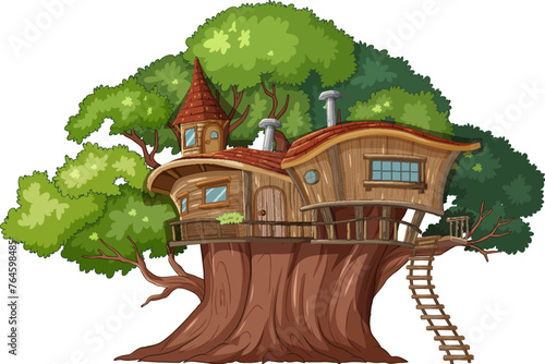 Whimsical treehouse nestled among vibrant green foliage.