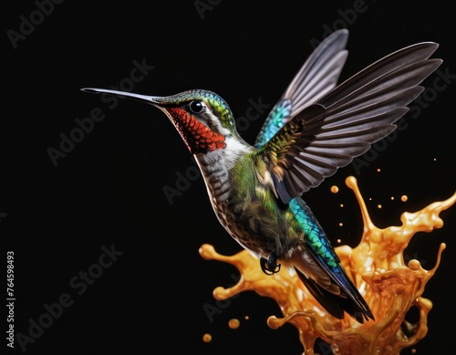 Close-up of a colorful hummingbird against a black background  showcasing vibrant plumage and delicate features.