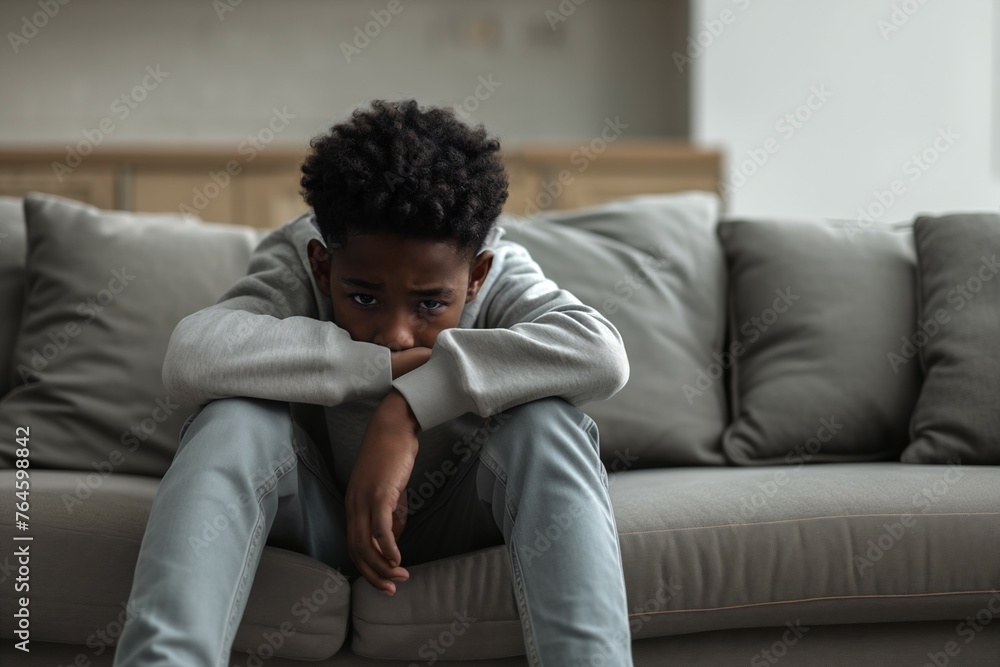 Depressed 15 years old African American teenager boy, sad and unhappy, sitting on the sofa.