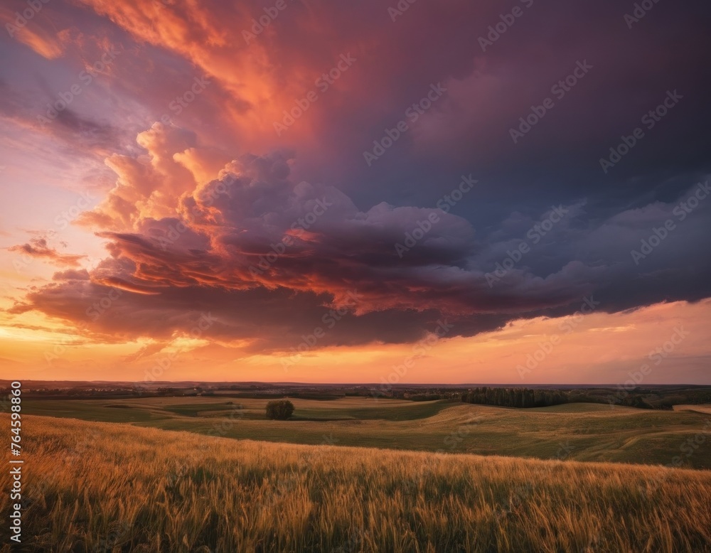 Dramatic sunset with fiery clouds over a serene countryside landscape.