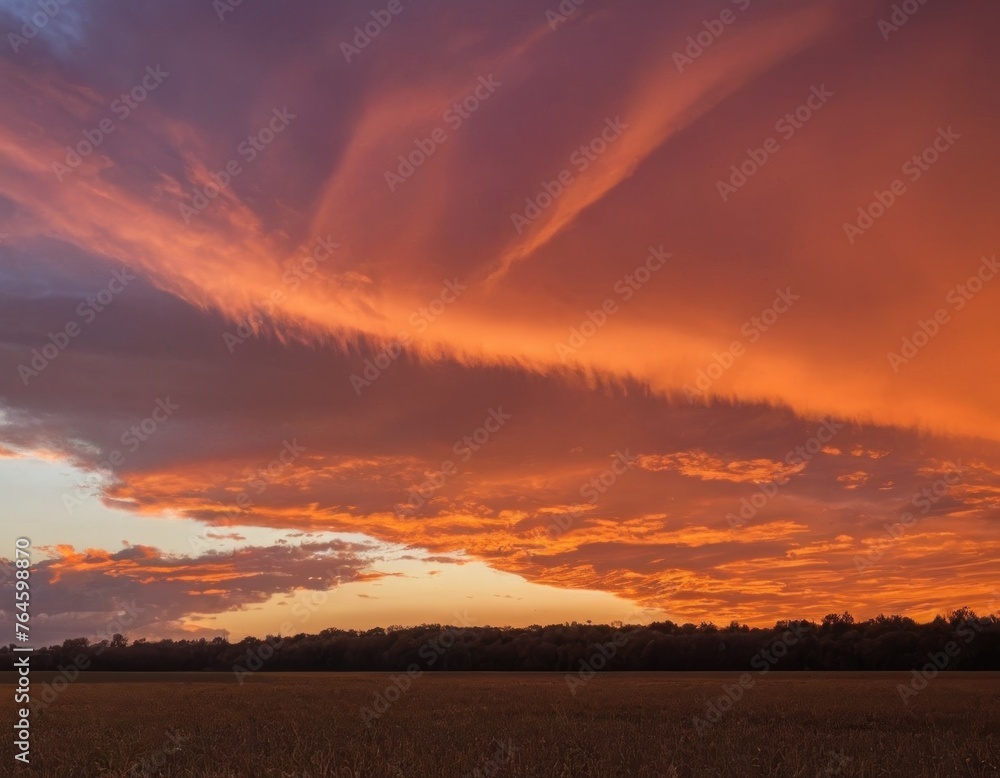 Dramatic sunset with fiery clouds over a serene countryside landscape.