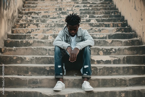 Depressed 15 years old African American teenager boy, sad and unhappy, sitting on dirty shabby stair steps. Black ghetto.