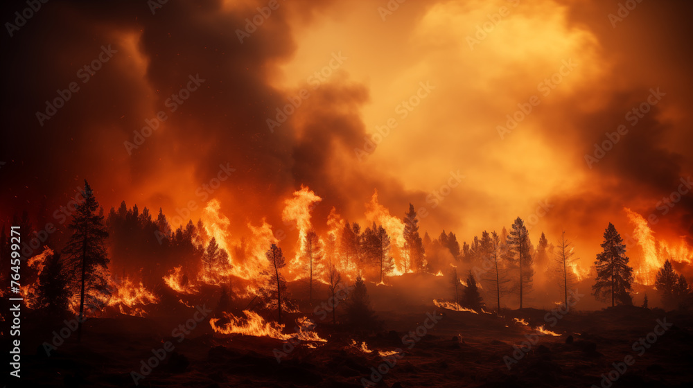 Flames engulf the forest. A raging wildfire engulfing a forest - obrazy, fototapety, plakaty 