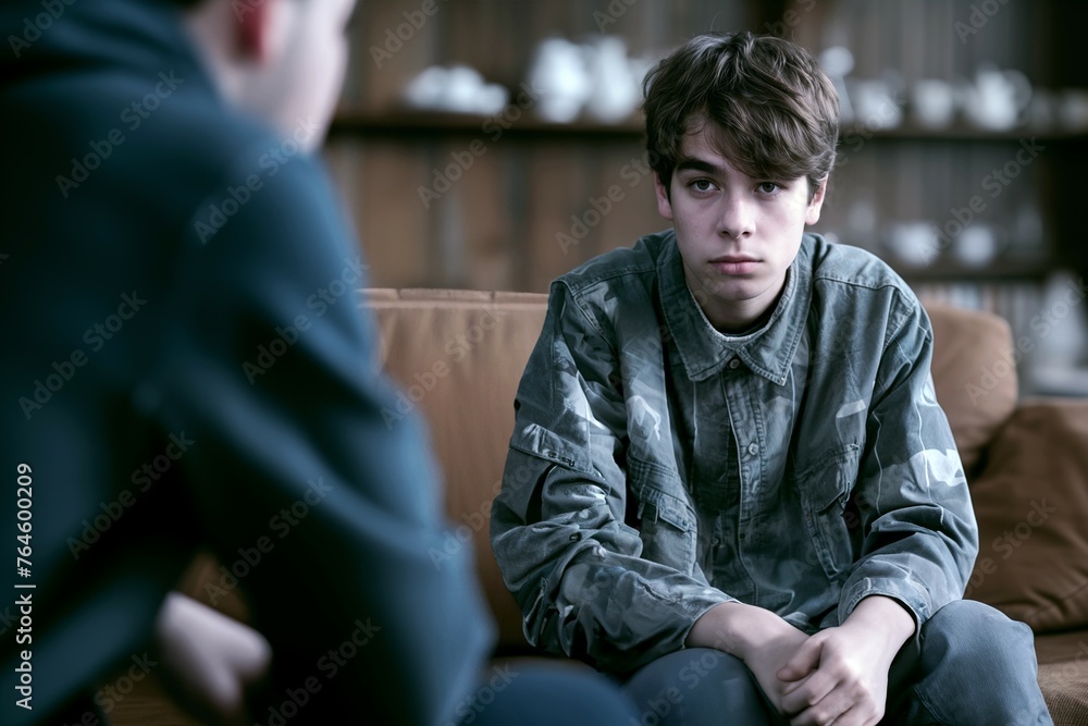 Depressed 15 years old teenager boy, sad and unhappy, sitting on a sofa. at an office of a psychologist, consulted by a mental therapist. Depression danger. Depressed 15 years old teenager boy, sad and unhappy, sitting on a sofa. at an office of a psychologist, consulted by a mental therapist. Depression danger.