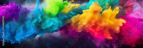 rainbow color holi powder burst banner, art design on black background