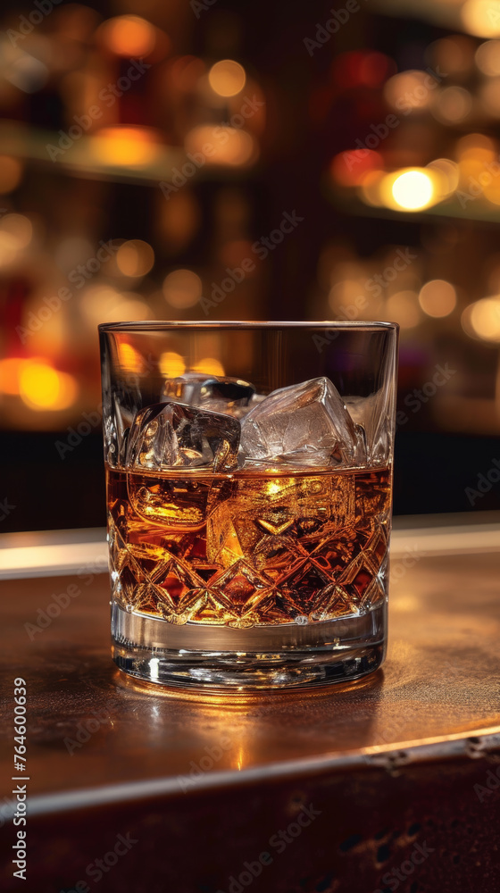 Glass of whiskey with ice cubes on the wooden table Glass of whiskey with ice cubes on the wooden table