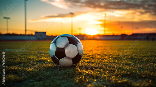 a football ball on grass with sunset in the background © Adrian