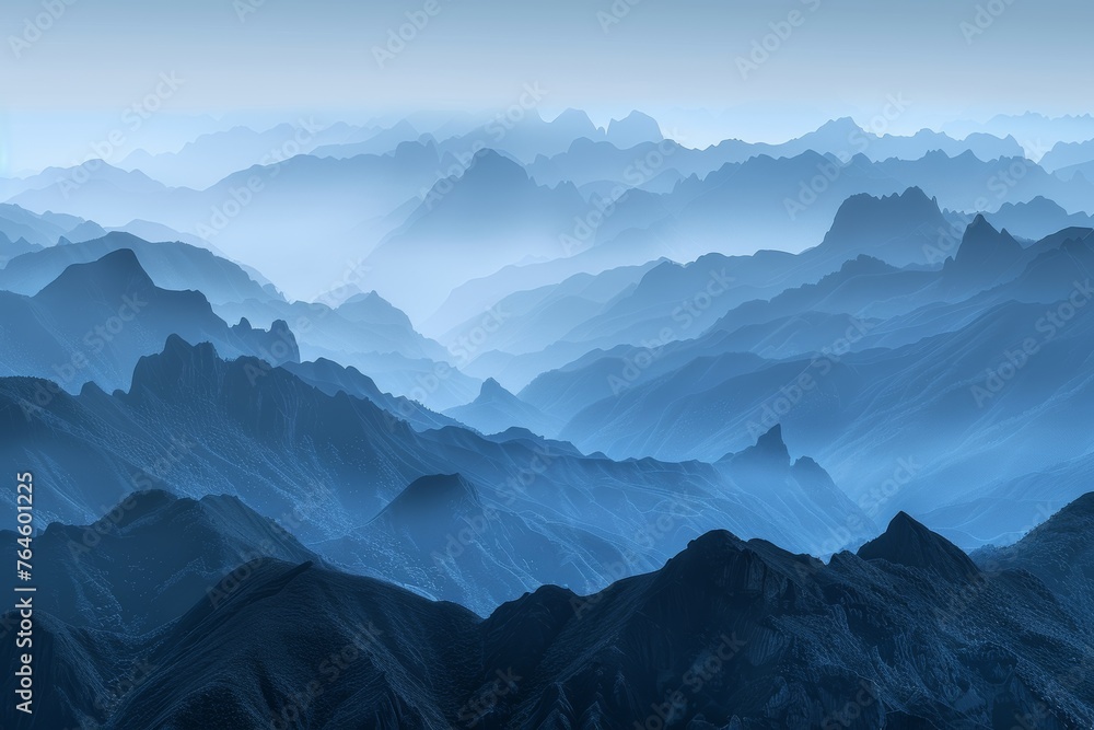 Obraz premium Beautiful misty mountain landscape, blue and grey colors