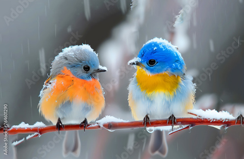 Two birds are perched on a branch, one is orange and the other is yellow. Concept of warmth and companionship between the two birds. hot vs cold bird on branch