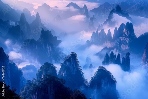 Beautiful misty mountain landscape, blue and grey colors