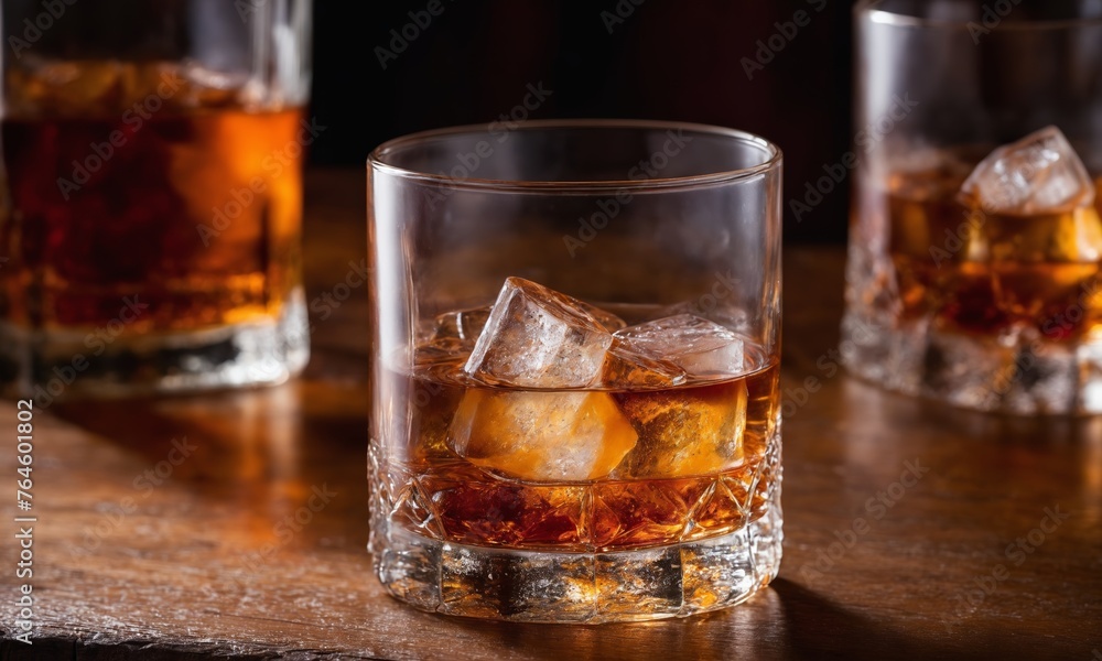 Whiskey with ice and lemon on old wooden table in bar