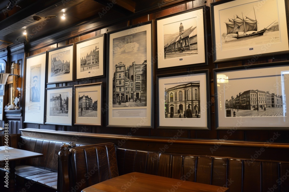 Naklejka premium framed pictures of historic dublin on the pubs wall