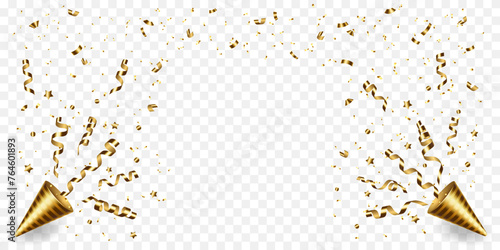 Vector exploding realistic golden party popper with gold ribbons and confetti. Decor frame for invitation, greeting card, banner for anniversary or birthday.