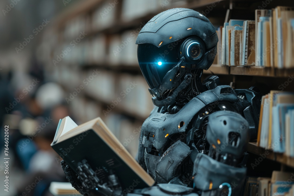 Robot reading book in library