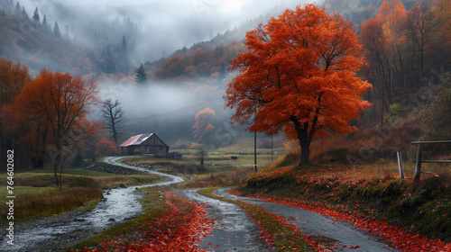 Autumn landscape with vibrant red foliage, misty mountains, rain-soaked road leading to an abandoned house. Atmospheric scenery capturing the essence of fall tranquility and mystery.