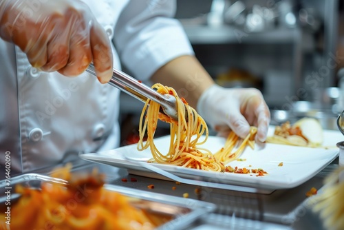 chef plating spaghetti with tongs in a commercial kitchen