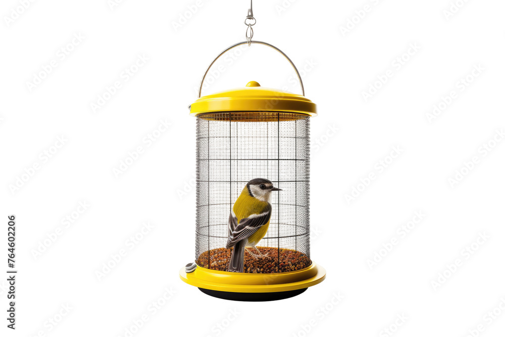 Golden Visitor: A Yellow Bird in the Feeder. On White or PNG Transparent Background..