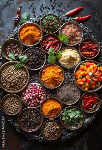 Colorful aromatic Indian spices and herbs on metal tray.