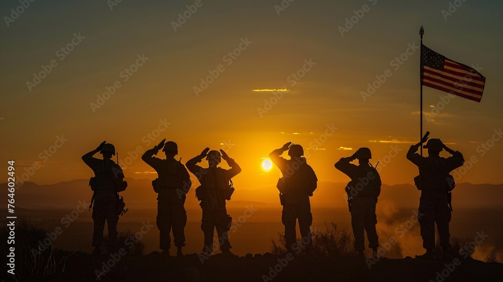 A powerful image of soldiers' silhouettes saluting at dawn or dusk, framed by the USA flag, commemorating significant American patriotic holidays