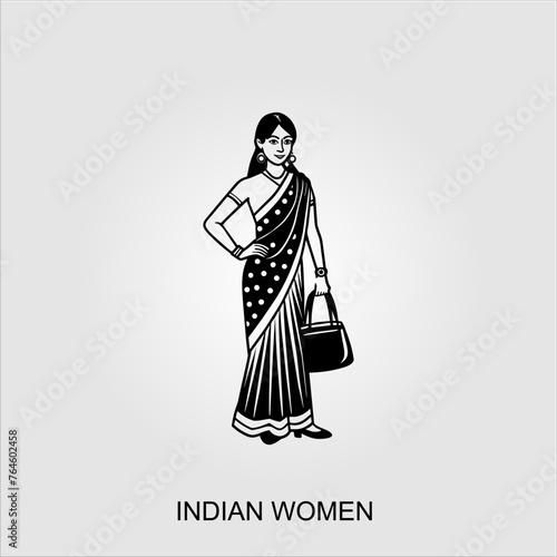 Indian women saree clipart Indian woman wearing bridal outfit. Black and white vector illustration 