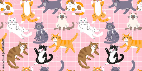 Seamless pattern with Cute funny cats. Lovely Kitten design.  Hand drawn trendy vector illustration. Adorable pet background. © Radiocat