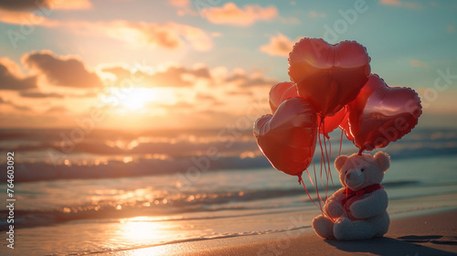  A heartwarming scene featuring a cuddly teddy bear holding a red heart-shaped balloon, standing beside a majestic brown horse in a sunlit meadow,