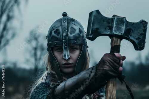 female warrior in helmet holding a warhammer photo