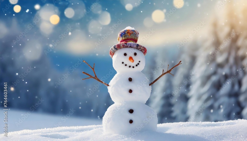 A snowman in a hat on a background of Christmas trees on a winter day. A snowman in a hat on a background of Christmas trees on a winter day.