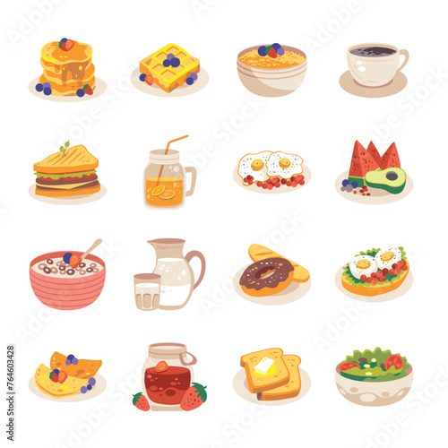 Food for breakfast vector illustration. Healthy breakfast in cartoon style. Buttermilk, pancake, outmeal, porridge, coffee, sandwich,sandwiches,orange juice, fried eggs photo