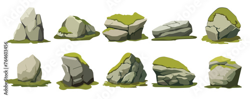 Cartoon stone with moss, jungle rock with moss, forest rock vector illustration set
 photo