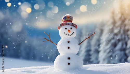 A snowman in a hat on a background of Christmas trees on a winter day. © Євдокія Мальшакова