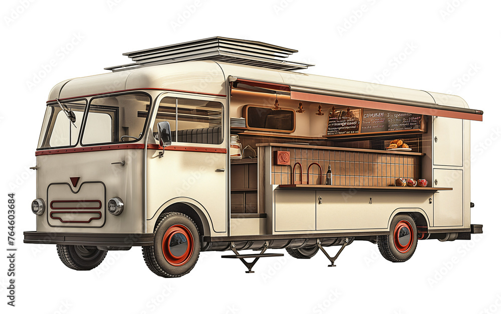  Illustration of a modern and trendy food truck in vintage style on transparent background