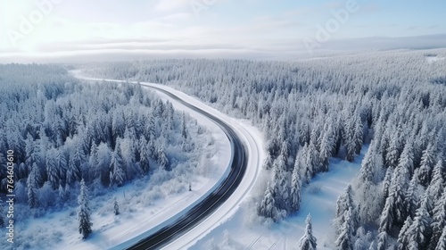 Curvy windy road in snow covered forest.