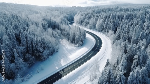 Curvy windy road in snow covered forest.