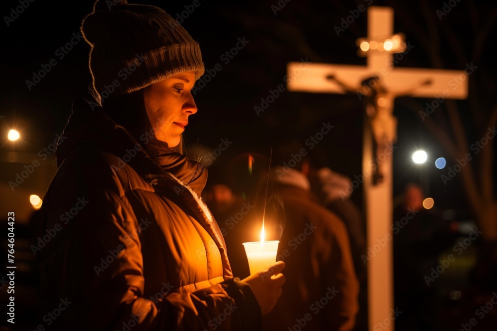 Obraz premium woman holding a candle praying in front of cross during vigil