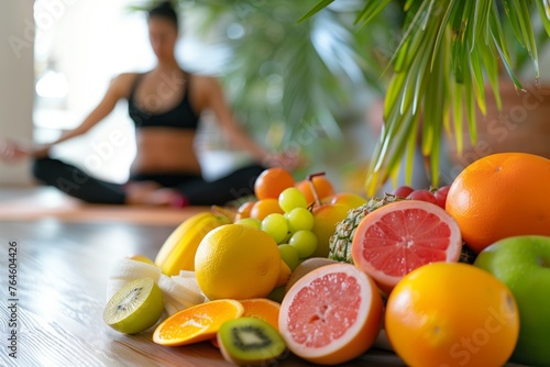 table with fresh fruits, yoga practitioner in the background photo