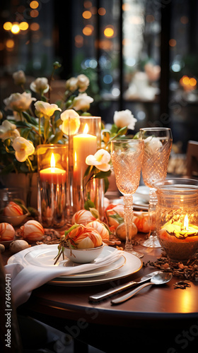 Candlelit Easter Dinner: A dining table set for an Easter dinner with softly lit candles.