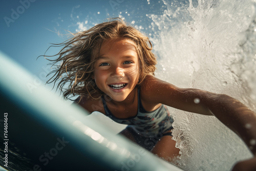 Close wide angle shot of little girl learning surfing with sea water splashing photo