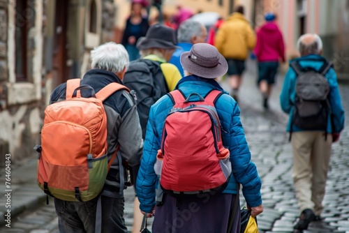 elderly tourists with backpacks on a cobblestone street