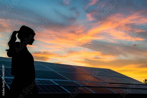 a silhouette of a person against garage roof solar panels at sunset