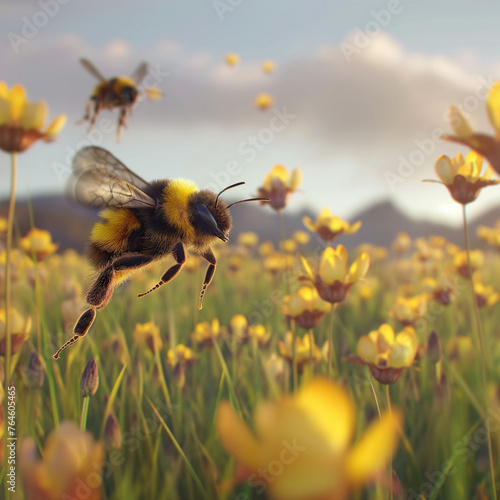 Bees flying through flowers, Bees flying over flowers, Pollinating Bees In Summer photo