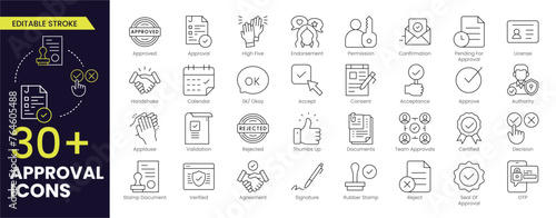 Approval Editable Stroke icon set. Containing accept, certified, thumps up, agreement, approve, validation, seal approved, confirmation and decision icons. Editable Stroke icon set.