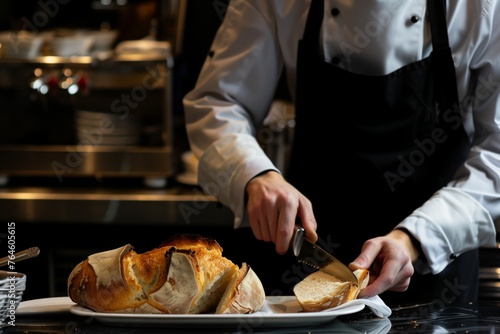 waitstaff member slicing bread at a tableside photo