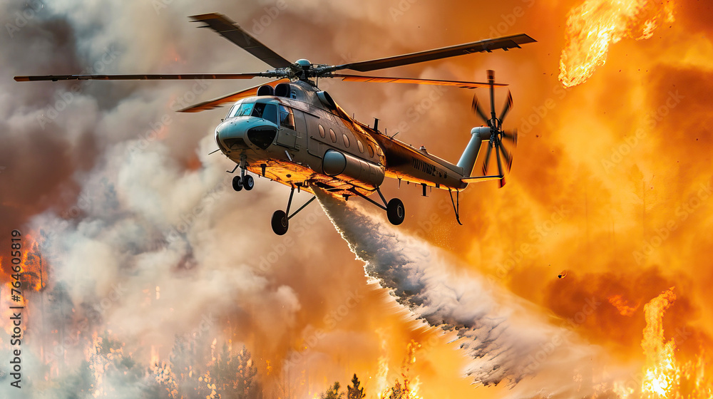 A fire helicopter extinguishes a forest fire by dropping water on burning trees A fire helicopter extinguishes a forest fire by dropping water on burning trees
