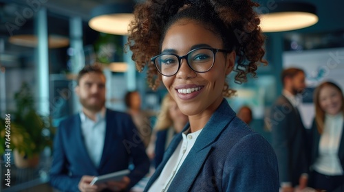 Business leader smiling confidently looking at camera and standing in office in team meeting Portrait of a confident businesswoman with colleagues in a conference room