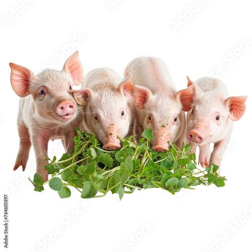 Adorable piglets eating green plant