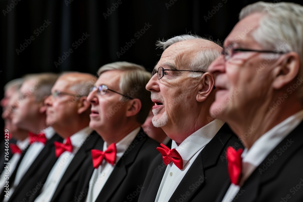 male seniors in choir formation with red bow ties male seniors in choir formation with red bow ties